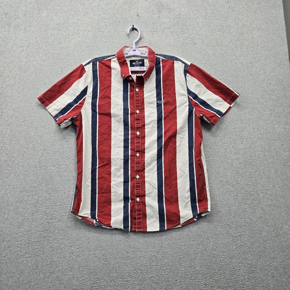 Hollister Men Button Up Shirt L Red Striped Epic Flex Logo Short Sleeve